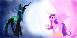 Size: 1366x686 | Tagged: safe, artist:cosmic-rust, princess cadance, queen chrysalis, alicorn, changeling, changeling queen, pony, duo, duo female, female, females only, green eyes, horn, mare, multicolored mane, pink coat