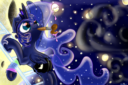 Size: 6000x4000 | Tagged: safe, artist:carligercarl, princess luna, alicorn, pony, ladder, moon, mouth hold, night, paint, paintbrush, solo, space, stars, tangible heavenly object, working