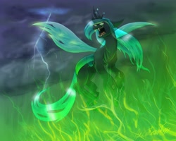 Size: 5000x4000 | Tagged: dead source, safe, artist:greatleonopteryx, queen chrysalis, changeling, changeling queen, female, fire, green fire, lightning, solo