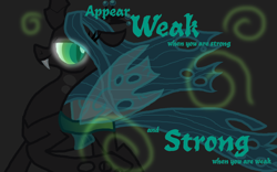 Size: 900x563 | Tagged: safe, artist:highray, queen chrysalis, changeling, changeling queen, female, green eyes, horn, motivation, solo