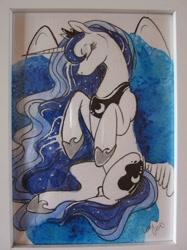 Size: 821x1095 | Tagged: safe, artist:casynuf, princess luna, alicorn, pony, eyes closed, frame, photo, solo, traditional art