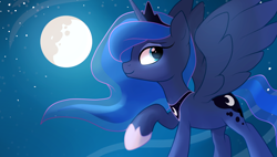 Size: 1600x909 | Tagged: safe, artist:locksto, princess luna, alicorn, pony, moon, night, raised hoof, solo