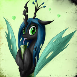 Size: 900x902 | Tagged: safe, artist:rule1of1coldfire, queen chrysalis, changeling, changeling queen, female, juice box, solo, straw