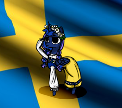 Size: 900x800 | Tagged: safe, artist:talludde, princess luna, alicorn, pony, ask the princess of night, clothes, dress, folkdräkt, misconception, salute, solo, sweden, swedish flag, tumblr