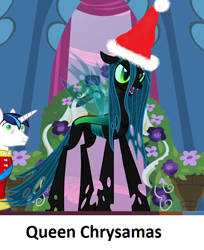 Size: 540x662 | Tagged: safe, queen chrysalis, shining armor, changeling, changeling queen, pony, unicorn, calibri, hat, pun, santa hat