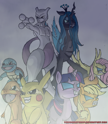 Size: 1252x1430 | Tagged: safe, artist:primogenitor34, applejack, fluttershy, queen chrysalis, twilight sparkle, changeling, changeling queen, earth pony, pegasus, pikachu, pony, charmander, crossover, mewtwo, pokémon, squirtle