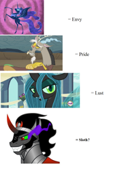 Size: 880x1252 | Tagged: safe, discord, king sombra, nightmare moon, queen chrysalis, changeling, changeling queen, pony, unicorn, spoiler:s03, seven deadly sins, text