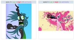 Size: 1058x566 | Tagged: safe, pinkie pie, queen chrysalis, changeling, changeling queen, earth pony, pony, cake, exploitable meme, juxtaposition, juxtaposition win, rocket launcher