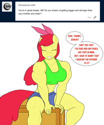 Size: 1280x1535 | Tagged: safe, artist:matchstickman, apple bloom, anthro, earth pony, abs, apple bloomed, apple brawn, biceps, breasts, clothes, crate, deltoids, denim shorts, dialogue, eyes closed, female, mare, matchstickman's apple brawn series, muscles, muscular female, older, older apple bloom, pecs, sexy, shorts, simple background, solo, speech bubble, sports bra, talking to viewer, thighs, thunder thighs, tomboy, tumblr comic, tumblr:where the apple blossoms, white background