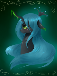 Size: 1500x2000 | Tagged: safe, artist:tomat-in-cup, queen chrysalis, changeling, changeling queen, goo, abstract background, bust, female, floppy ears, solo