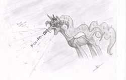 Size: 1024x648 | Tagged: safe, artist:metalfoxxx, princess luna, alicorn, pony, helmet, monochrome, skyrim, the elder scrolls, traditional art, traditional royal canterlot voice