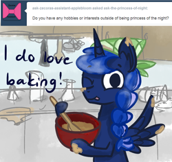 Size: 900x850 | Tagged: safe, artist:talludde, princess luna, alicorn, pony, alternate hairstyle, ask the princess of night, cooking, solo, this will end in tears and/or breakfast, tumblr