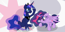 Size: 4000x2000 | Tagged: safe, artist:xonxt, princess luna, twilight sparkle, twilight sparkle (alicorn), alicorn, pony, abstract background, alternate hairstyle, duo, ethereal mane, female, mane swap, mare, simple background, white background