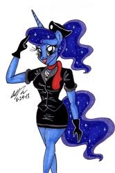 Size: 905x1366 | Tagged: safe, artist:newyorkx3, princess luna, anthro, blushing, clothes, flight attendant, hat, scarf, solo, traditional art