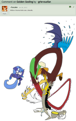 Size: 1377x2193 | Tagged: safe, artist:grievousfan, discord, princess luna, alicorn, pony, filly, kick, text, woona