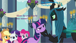 Size: 800x451 | Tagged: safe, edit, edited screencap, screencap, queen chrysalis, twilight sparkle, changeling, changeling queen, a canterlot wedding, actor allusion, bionicle, lego, parody, text