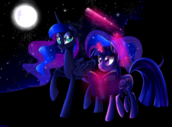 Size: 1642x1213 | Tagged: dead source, safe, artist:matrosha123, princess luna, twilight sparkle, twilight sparkle (alicorn), alicorn, pony, book, female, magic, mare, moon, night, telescope