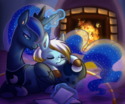 Size: 600x500 | Tagged: safe, artist:hetaloid, princess luna, oc, alicorn, pony, book, fireplace, magic