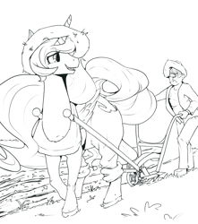 Size: 3264x3700 | Tagged: safe, artist:violise, princess celestia, oc, oc:anon, alicorn, pony, /mlp/, 4chan, clothes, drawthread, duo, farm, frown, funny, garden, gardening, gardening clothes, harness, hat, horse collar, horses doing horse things, labor, labour, looking back, monochrome, overalls, pants, plot, plow, shirt, straw hat, tack, the ass was fat