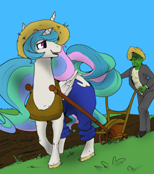 Size: 3264x3700 | Tagged: safe, artist:violise, editor:totallynotanoob, princess celestia, oc, oc:anon, alicorn, pony, /mlp/, 4chan, clothes, colored, drawthread, duo, farm, frown, hat, horses doing horse things, labor, labour, looking back, overalls, pants, plot, plow, shirt, smiling, straw hat, tack, the ass was fat