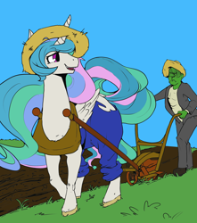 Size: 3264x3700 | Tagged: safe, artist:violise, editor:totallynotanoob, princess celestia, oc, oc:anon, alicorn, pony, /mlp/, 4chan, clothes, colored, drawthread, duo, farm, frown, hat, horses doing horse things, labor, labour, looking back, overalls, pants, plot, plow, shirt, smiling, straw hat, tack, the ass was fat, working