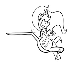 Size: 576x576 | Tagged: safe, artist:pembroke, princess celestia, alicorn, pony, female, frown, horse spooning meme, mare, meme, monochrome, simple background, solo, spoon, sunbutt, the ass was fat, thiklestia, tiny ponies, white background