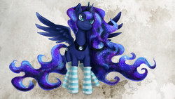 Size: 1920x1080 | Tagged: safe, artist:shaadorian, princess luna, alicorn, pony, clothes, socks, solo, striped socks, wallpaper