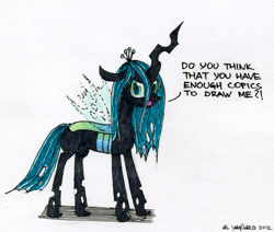 Size: 500x424 | Tagged: safe, artist:el-yeguero, queen chrysalis, changeling, changeling queen, female, fourth wall, green eyes, horn, solo