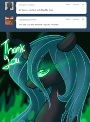 Size: 750x1013 | Tagged: safe, artist:ensayne, queen chrysalis, changeling, changeling queen, female, green eyes, horn, solo
