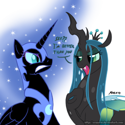 Size: 800x800 | Tagged: safe, artist:srmario, nightmare moon, queen chrysalis, alicorn, changeling, changeling queen, pony, dialogue, female, looking at each other, mare, signature, simple background, transparent background