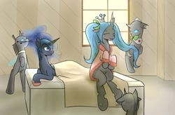 Size: 1250x820 | Tagged: safe, artist:jalm, nightmare moon, queen chrysalis, changeling, changeling queen, alternate hairstyle, antagonist, bathrobe, bed, clothes, cute, cutealis, grooming, observer, pigtails, robe, spa, surprised, twintails