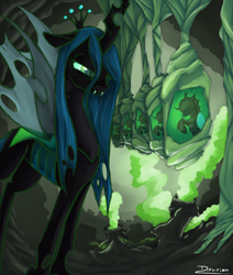 Size: 1268x1494 | Tagged: safe, artist:dsurion, queen chrysalis, changeling, changeling queen, cave, cocoon, smiling