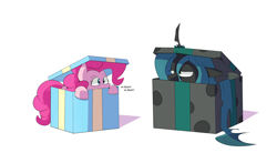 Size: 1920x1061 | Tagged: safe, artist:jailbait, artist:rustydooks, pinkie pie, queen chrysalis, changeling, changeling queen, earth pony, pony, box