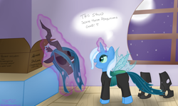 Size: 2500x1500 | Tagged: safe, artist:mikoruthehedgehog, queen chrysalis, trixie, changeling, changeling queen, costume, female, horn