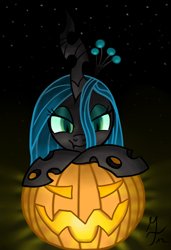 Size: 900x1318 | Tagged: safe, artist:salahir, queen chrysalis, changeling, changeling queen, female, horn, jack-o-lantern, pumpkin