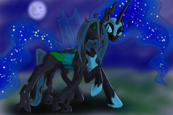 Size: 3000x2000 | Tagged: safe, artist:facelessguru, nightmare moon, queen chrysalis, changeling, changeling queen, annoyed, chrysmoon, cute, cutealis, eyes closed, female, frown, glare, lesbian, mare in the moon, moon, moonabetes, night, nuzzling, raised hoof, shipping, smiling