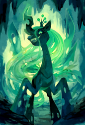 Size: 684x1000 | Tagged: dead source, safe, artist:purplekecleon, queen chrysalis, changeling, changeling queen, cave, female, glowing horn, slasher smile, solo