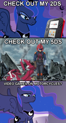 Size: 497x917 | Tagged: safe, princess luna, alicorn, pony, 2ds, comic, motorcycle, nintendo, pun, yu-gi-oh!, yu-gi-oh! 5d's, z-one