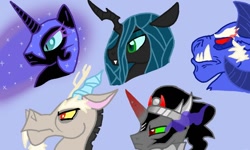 Size: 800x480 | Tagged: safe, artist:zeroexe119, discord, grogar, king sombra, nightmare moon, queen chrysalis, changeling, changeling queen, pony, unicorn, spoiler:s03, nightmare eyes, sombra eyes