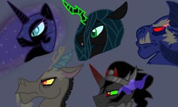 Size: 800x480 | Tagged: safe, artist:zeroexe119, discord, grogar, king sombra, nightmare moon, queen chrysalis, changeling, changeling queen, pony, unicorn, spoiler:s03, antagonist, glow, glow in the dark, glowing eyes, glowing horn, nightmare eyes