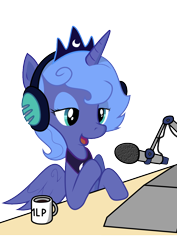 Size: 744x1052 | Tagged: safe, artist:swiftcutter, princess luna, alicorn, pony, cup, drink, headphones, microphone, s1 luna, solo