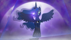 Size: 2000x1126 | Tagged: safe, artist:aelioszero, princess luna, alicorn, pony, clothes, lens flare, shoes, solo, spread wings, vector, wallpaper