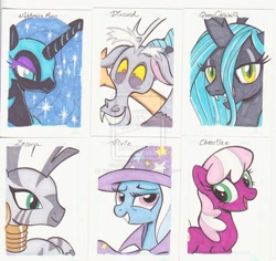 Size: 1024x965 | Tagged: dead source, safe, artist:thebatwoman616, cheerilee, discord, nightmare moon, queen chrysalis, trixie, zecora, alicorn, changeling, changeling queen, draconequus, earth pony, pony, unicorn, zebra, bust, deviantart watermark, female, lidded eyes, male, mare, obtrusive watermark, open mouth, smiling, watermark