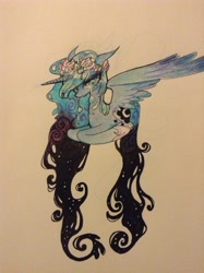 Size: 956x1280 | Tagged: safe, artist:muffinmachine, artist:shacklefunk, princess luna, alicorn, pony, crying, female, floral head wreath, flower, mare, simple background, solo, traditional art, white background