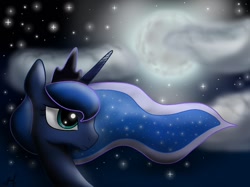 Size: 1023x767 | Tagged: safe, artist:von-seay, princess luna, alicorn, pony, bust, cloud, moon, night, portrait, profile, sky, smiling, solo, stars