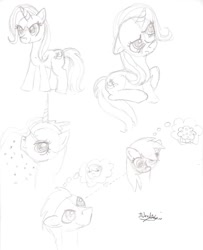 Size: 805x991 | Tagged: safe, artist:ineedacow, derpy hooves, princess luna, trixie, alicorn, pegasus, pony, female, mare, monochrome, sketch dump