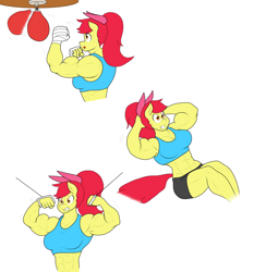 Size: 2048x2200 | Tagged: safe, artist:matchstickman, apple bloom, anthro, earth pony, abs, apple bloom's bow, apple bloomed, apple brawn, armpits, biceps, bow, boxing, breasts, clothes, deltoids, exercise, female, flexing, gritted teeth, hair bow, mare, matchstickman's apple brawn series, muscles, older, older apple bloom, pecs, shorts, simple background, sit-ups, solo, sports, sports bra, sports shorts, sweat, thighs, thunder thighs, tumblr comic, tumblr:where the apple blossoms, white background