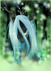 Size: 390x538 | Tagged: dead source, safe, artist:xthe-blue-sakura, queen chrysalis, changeling, changeling queen, female, green eyes, horn, solo