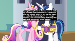 Size: 1091x602 | Tagged: safe, edit, edited screencap, screencap, princess cadance, queen chrysalis, shining armor, alicorn, changeling, changeling queen, pony, unicorn, a canterlot wedding, the crystal empire, fake cadance, pony confession, text