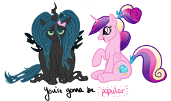 Size: 1080x639 | Tagged: safe, artist:cluttercluster, princess cadance, queen chrysalis, alicorn, changeling, changeling queen, pony, ribbon, wicked